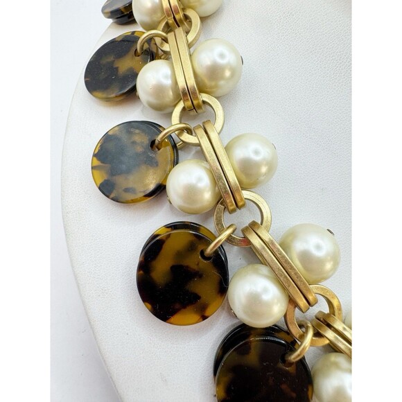 J. Crew Faux Pearl Chunky Necklace Tortoise Shell Dangles Brushed Gold Tone - Picture 7 of 8